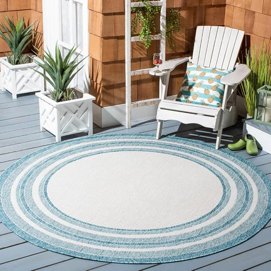 SAFAVIEH Courtyard Collection Area Rug - 9' Round, Ivory & Aqua, Indoor/Outdoor, Weather Resistant & Washable, Ideal for Patio, Backyard, Mudroom, Deck (CY8475)