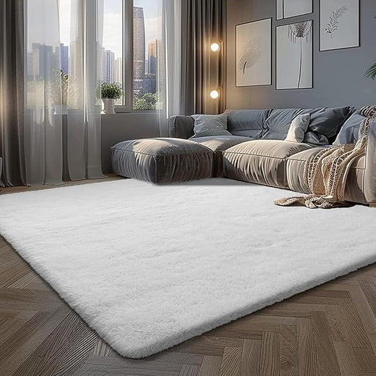 Fluffy Rug Shaggy Area Rug, White 6x9 Area Rugs for Living Room, Large Shag Area Rugs for Bedroom Kids Room Home Decor, Upgrade Anti-Skid Rectangular Fuzzy Rugs