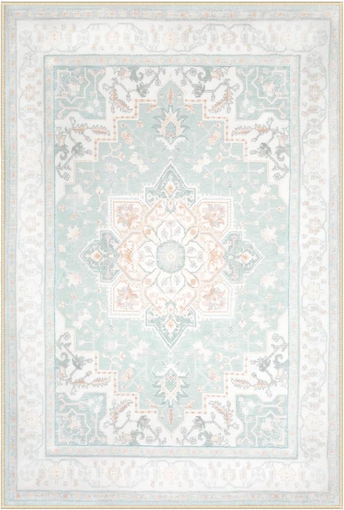 BESTSWEETIE 8x10 Area Rugs for Living Room, Washable Ultra Soft Boho Vintage Print Pattern Rug Non Slip Low Pile Carpet for Dining Room Bedroom Entryway Indoor-Light Blue