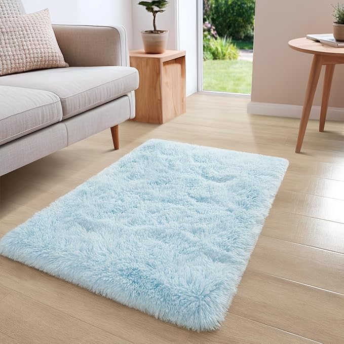 YJ.GWL Area Rugs for Bedroom, 2x3 Door Mat Washable Small Light Blue Bedside Rug,Fluffy Shaggy Entryway Rugs for Living Room, Shag Indoor Floor Carpet for Kids Boy and Girls, Home Decor Aesthetic
