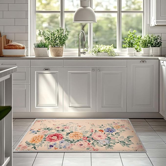2x3 Entryway Rugs Machine Washable Area Rug Pink Blue Red Yellow Floral Boho Botanical Leaf Flower Rug Non-Slip Low Pile Door Mat Entrance Small Carpet for Home Kitchen Bathroom Bedroom