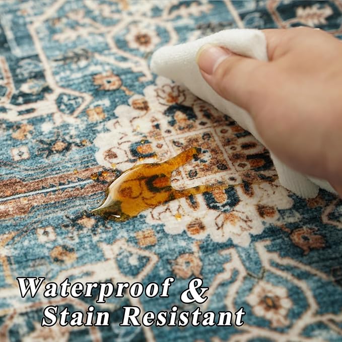 RUUGME Washable 3x12 Runner Rug - Boho Rugs for Living Room Stain Resistant Carpet Vintage Tribal Rugs for Bedroom Kitchen Bathroom Non Slip Backing Decor Floor Decoration Mat 3x12 Blue