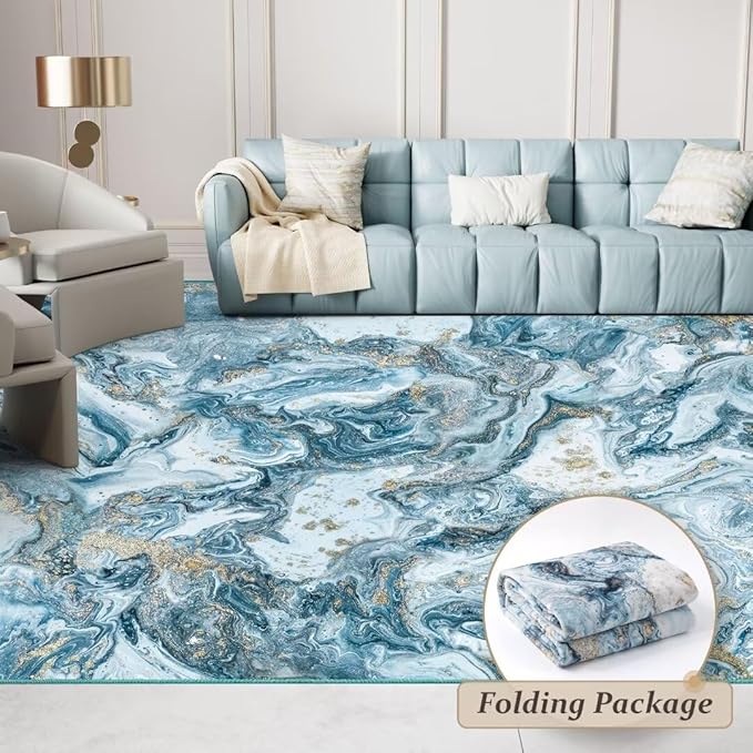 Washable Area Rug 9x12 - Artistic Style Modern Rug for Living Room Bedroom Dining Room, Soft Low Pile Machine Washable Carpet, Non Slip Non Shedding Area Rug - Blue/Gold, 9'x12'