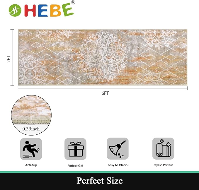 HEBE Hallway Runner Rug 2'x6' Washable Vintage Distressed Area Rugs Non Slip Laundry Rug Runner Boho Floor Carpet Runners for Hallways Entryway Laundry Room Kitchen Bathroom