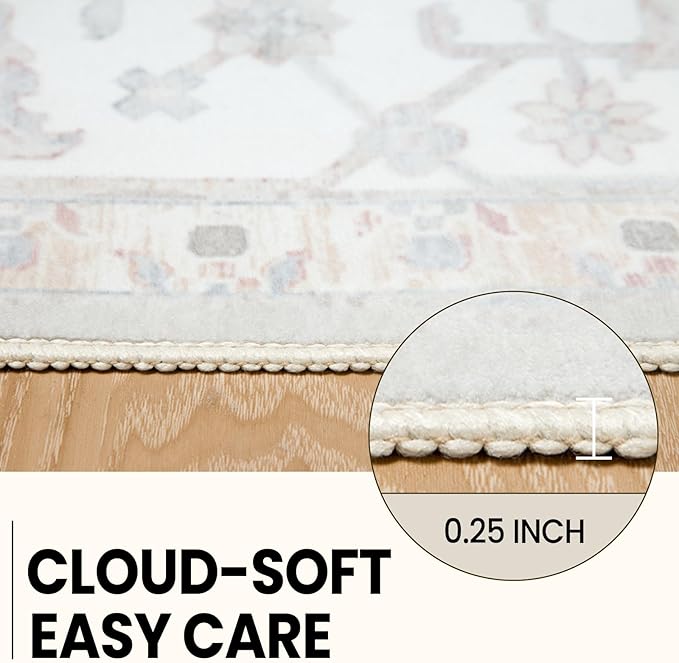 Washable 6ft Area Rugs, Rugs for Living Room, Low-Pile Water&Stain Resistant Carpet Vintage Distressed Printed Non-Slip Carpet for Bedroom Bathroom Kitchen-Cream White