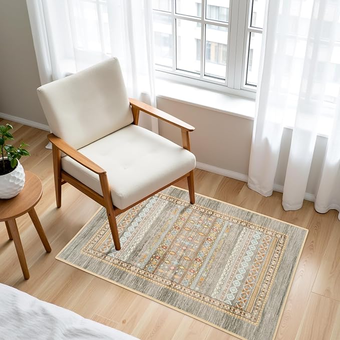 2x3 Small Western Rugs for Entryway, Washable Aztec Geometric Indoor Entrance Door Rug with Non-Slip Backing, Soft Moroccan Throw Rug for Bedroom Kitchen Home Office, Beige & Oliver Green