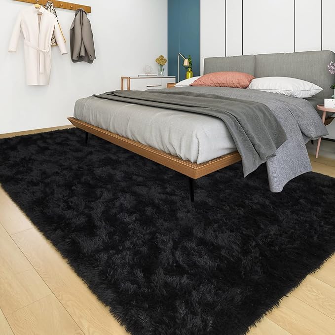 YJ.GWL Area Rugs for Living Room Bedroom, 5x8 Machine Washable Large Black Carpet, Soft Fluffy Shaggy Thick Big Shag Indoor Floor Rug for Kids Boy and Girls Room Dorm Home Decor Aesthetic