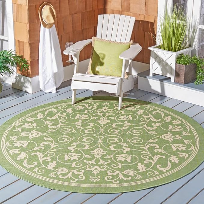 SAFAVIEH Courtyard Collection 7'10" Round Olive / Natural CY2098 Scroll Indoor/ Outdoor Waterproof Easy-Cleaning Patio Backyard Mudroom Area-Rug