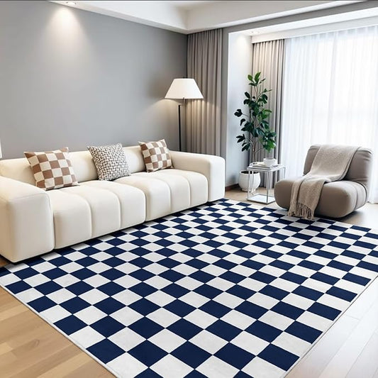 Terrug Navy and White Checkered Rug for Living Room Bedroom, 6x9 Soft Washable Area Rug with Non Slip, Low Pile Stain Resistance Carpet for Kids Room Entryway Kitchen Dorm