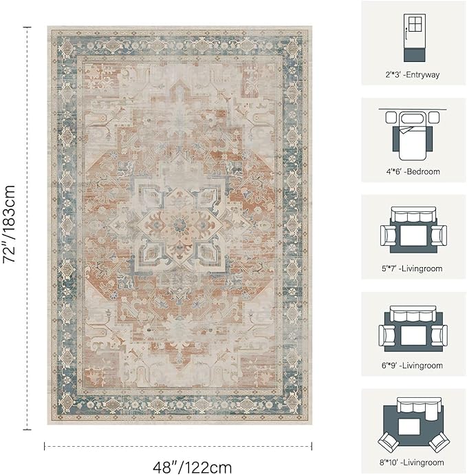 4X6 Rug,Washable Area Rugs for Living Room, Orange Boho Rug,Neutral Vintage for Bedroom, Dining Room, Kids Room, Farmhouse, Low Pile Non Slip Carpet for High Traffic Areas, Coral(Orange&Blue)