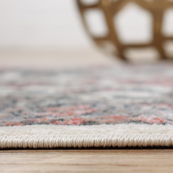 Superior Indoor Runner Rug, with Jute Backing, Chic Bordered Floor Decor for Living Room, Bedroom, Office, Entryway, Kitchen, Dining, Floral Design, Lille Collection, 2' 7" x 8', Brown-Salmon