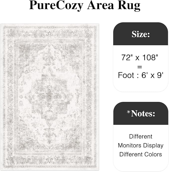 Washable Rug 6x9 Area Rug for Living Room Light Gray Vintage Boho Medallion Large Grey Distressed Retro Carpet Non Slip Indoor Low Pile Small Soft Bedroom Dining Room Home Office