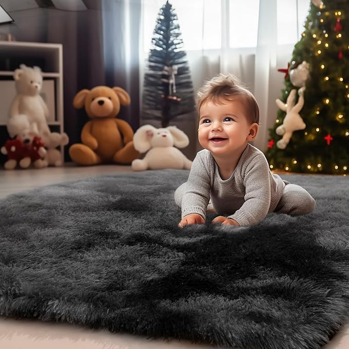 Zentavio Area Rugs for Living Room Small Carpet for Bedroom 3x5 Bedside Washable Soft Fluffy Shag Aesthetic Plush High Pile Throw Rug for Nursery Kids Room Dorm Room Tie-Dyed Black Grey