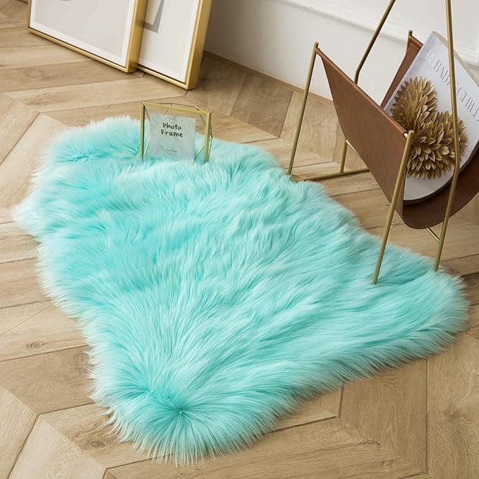 Ashler faux fur rug, Fluffy Shaggy Area Rug Ultra Soft 2 x 3 Feet Sheepskin Fur Rug, Turquoise Fuzzy Rug Machine Washable Shag Rug, Nursery Decor Throw Rugs for Bedroom, kids room, Living Room