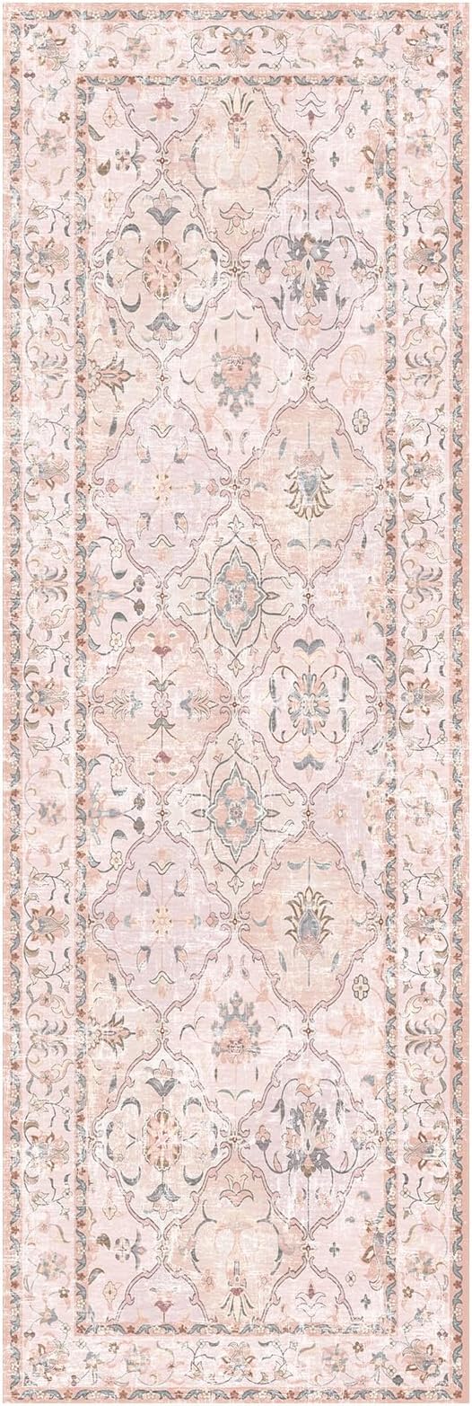 Boho Vintage Area Rugs 2×6 Washable Non-Slip Traditional Pink Runner Rug for Hallway Kitchen Entryway