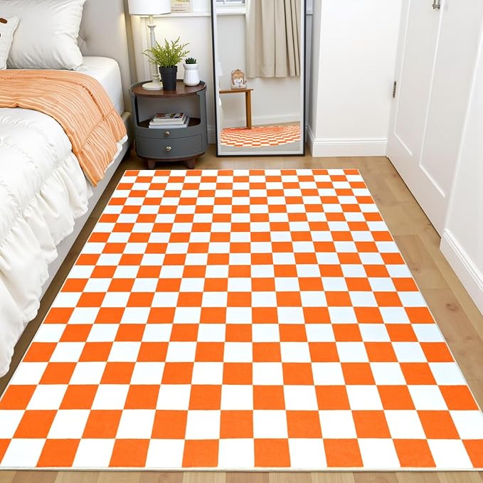 Terrug Orange and White Checkered Rug for Living Room Bedroom, 4x6 Soft Washable Area Rug with Non Slip, Low Pile Stain Resistance Carpet for Kids Room Entryway Kitchen Dorm