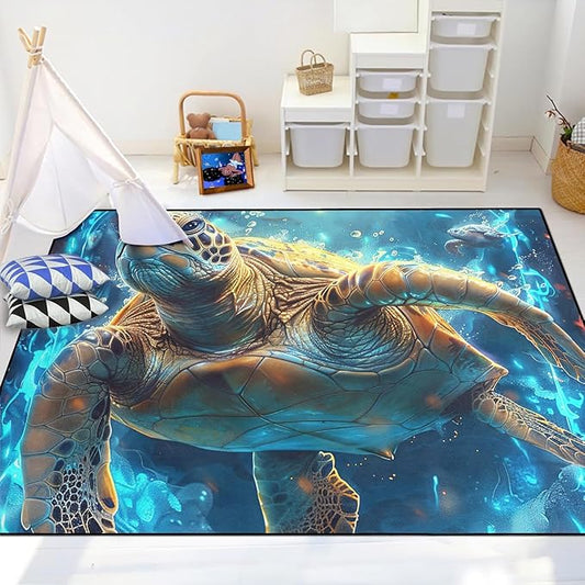 Sea Turtle Carpet Rug - Kids Coastal Rugs for Bedroom Deep Sea Turtle Area Rug for Living Room Ocean Life Theme, 59" L x 39" W