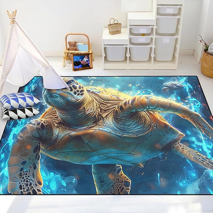 Sea Turtles Rug - Sea Turtle for Kids Boys Coastal Rugs for Bedroom Deep Ocean Life Theme Decor Ocean Carpet Rug, 63" L x 47" W