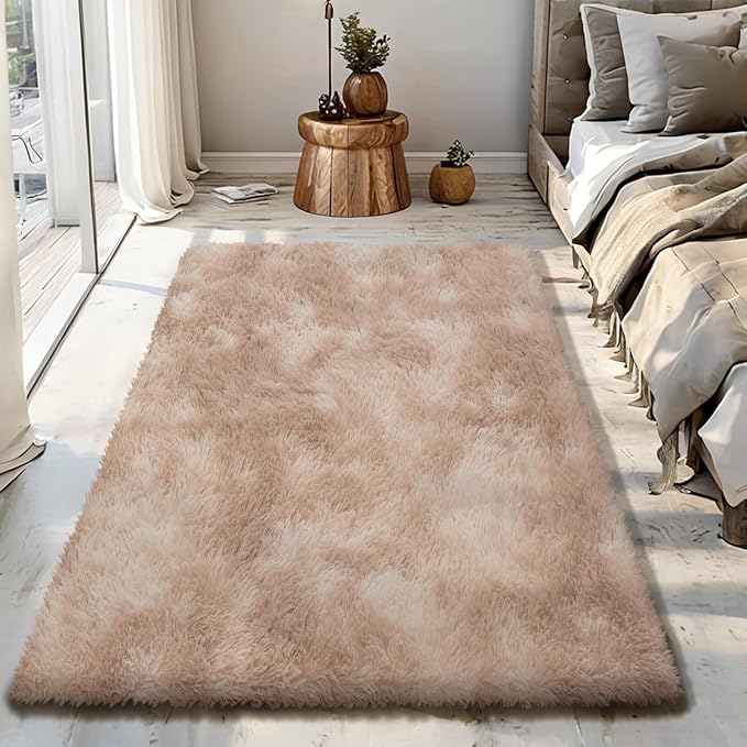 Fluffy Rug Shaggy Area Rug, Mottling Camel 3x5 Area Rugs for Bedroom, Small Bedside Rug, Soft Fluffy Shaggy Entryway Throw Rugs for Living Room Bedroom Kids Room Home Decor