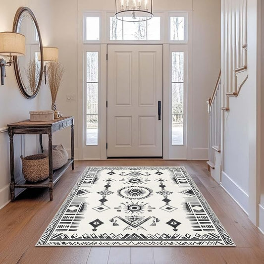 4x6 Area Rug Machine Washable Rugs Western Tribal Southwestern Black White Rug Non-Slip Low Pile Large Carpet for Home Kitchen Living Room Bedroom Dining Room Office