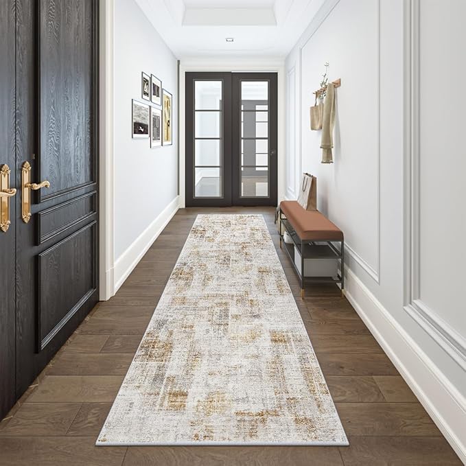 Eleisa Modern Abstract 2x8 Hallway Runner Rug, Gold & White, Non-Slip Washable Low Pile Rugs, Vintage Rug Hallway Indoor Carpet for Kitchen, Entryway and Laundry Room