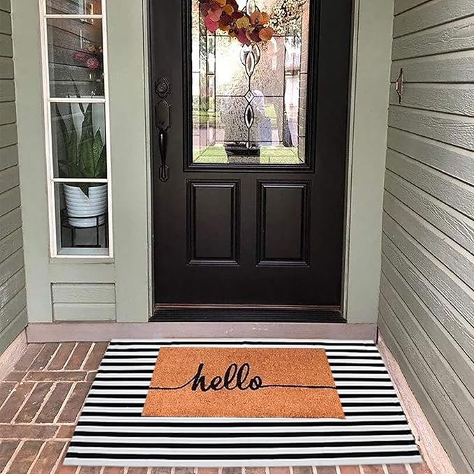 Black and White Outdoor Rug 27.5'' x 43'' Striped Front Porch Rug Hand-Woven Cotton Rug Machine Washable Floor Mat Indoor/Outdoor Area Rug for Layered Door Mats/Farmhouse/Living Room (27.5'' x 43'')