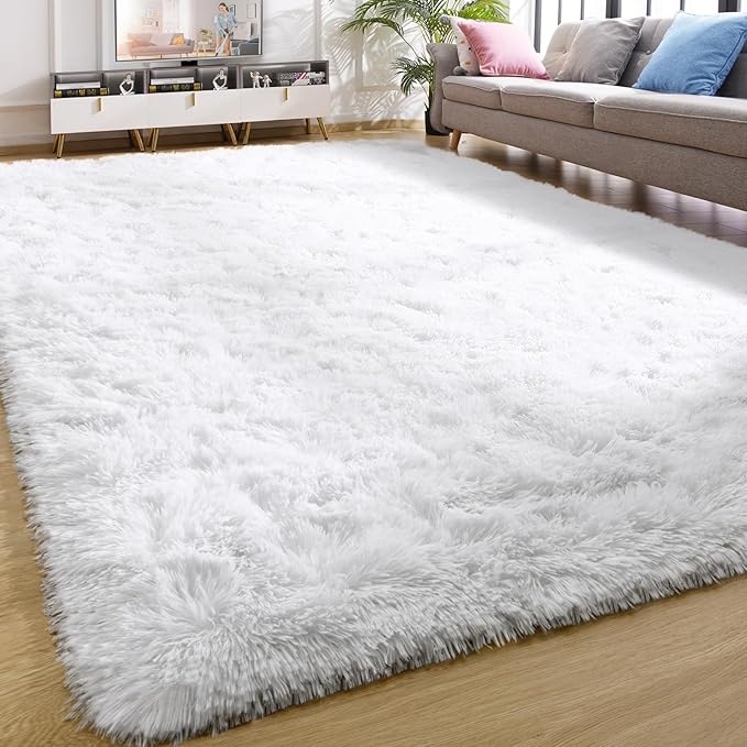 YJ.GWL Area Rugs for Living Room Bedroom, 6x9 Machine Washable Large White Carpet, Soft Fluffy Shaggy Thick Big Shag Indoor Floor Rug for Kids Boy and Girls Room Dorm Home Decor Aesthetic