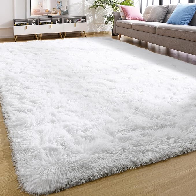 YJ.GWL Area Rugs for Living Room Bedroom, 4x6 Machine Washable Large White Carpet, Soft Fluffy Shaggy Thick Big Shag Indoor Floor Rug for Kids Boy and Girls Room Dorm Home Decor Aesthetic