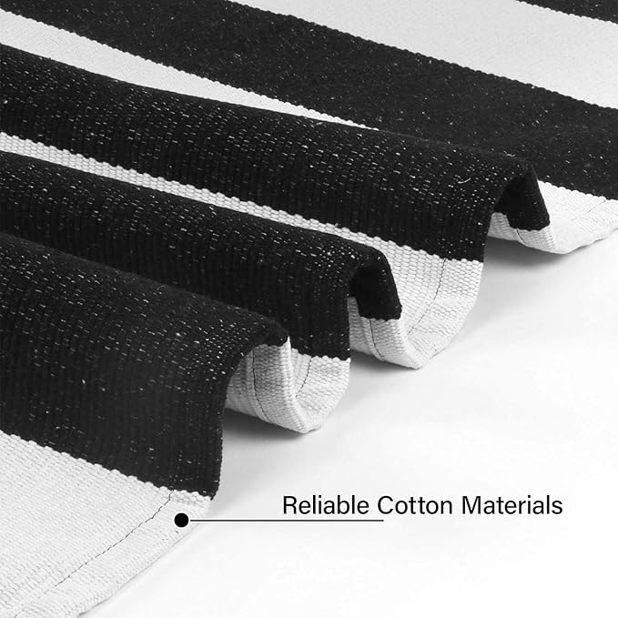 Seavish Black and White Striped Rug, 4’x6’ Indoor Outdoor Patio Rugs, Handmade Woven Farmhouse Front Porch Rugs, Machine Washable Modern Cotton Area Rugs for Living Room Entryway Dorm Apartment