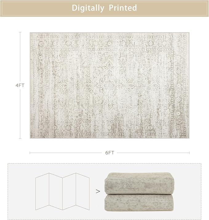 Washable Rugs 4x6 Area Rugs for Living Room,Bedroom,Kids Room,Nursery- Ultra Soft Faux Wool Small Carpets,Non Slip&Non-Shedding Low Pile Vintage Print Rugs for Enterway,Home Office Decor