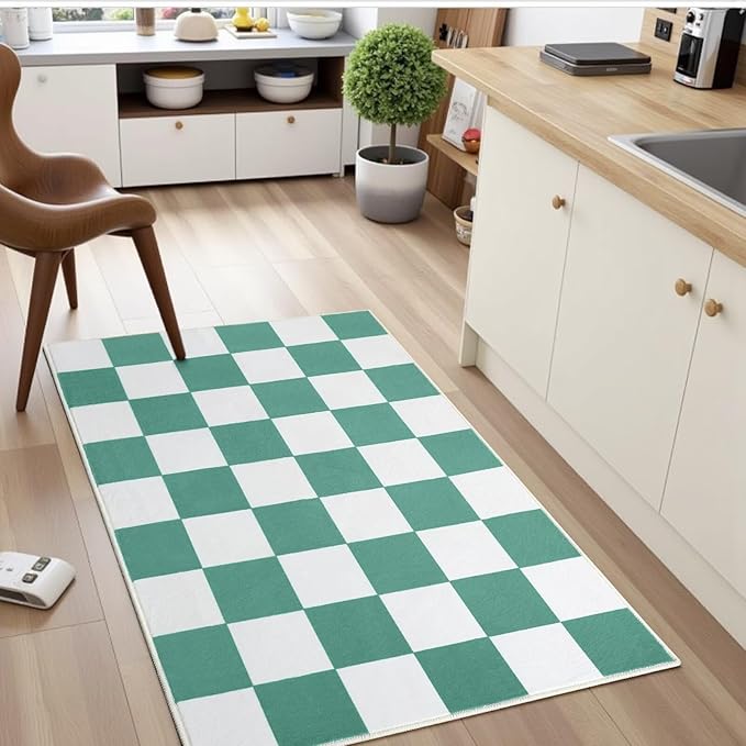 Terrug Green and White Small Checkered Rug for Bedroom, 2x3 Soft Washable Rug with Non Slip Backing, Low Pile Throw Carpet for Entryway Hallway Kitchen Laundry Room