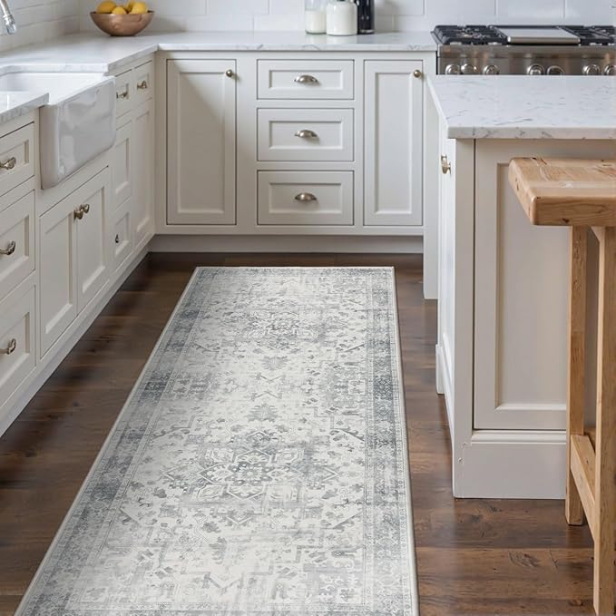 2x5 Hallway Runner Rug, Non Slip Boho Runner Rugs for Hallway, Kitchen, Entrance, Bathroom, Laundry Room, Soft Ultra-Thin Entryway Carpet, Throw Low Pile Retro Imitation Wool Carpet, Grey