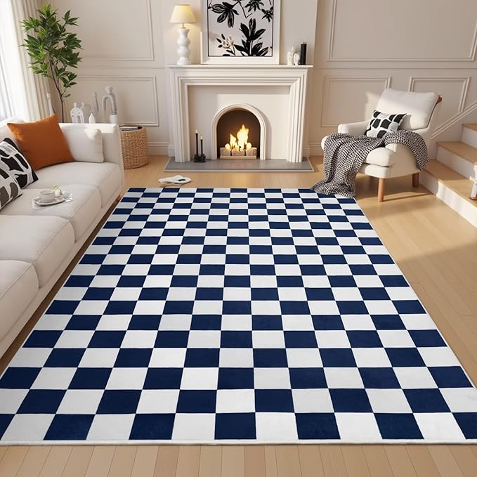 Terrug Navy and White Checkered Rug for Living Room Bedroom, 3x5 Soft Washable Area Rug with Non Slip, Low Pile Stain Resistance Carpet for Kids Room Entryway Kitchen Dorm