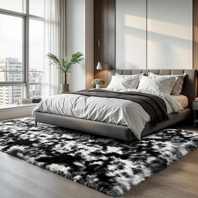 Zentavio Black and White Area Rugs for Living Room Large Rugs for Bedroom 8x10 Soft Carpet Fluffy Furry Shag Aesthetic Plush High Pile Gray Throw Rug for Nursery Kids Room Dorm Tie-Dyed