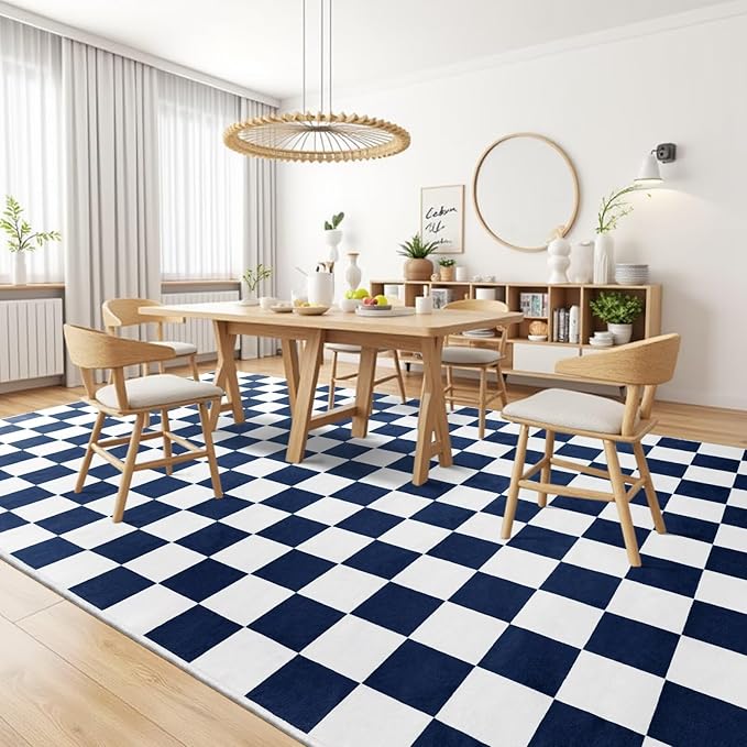 Terrug Navy and White Checkered Rug for Living Room Bedroom, 6x9 Soft Washable Area Rug with Non Slip, Low Pile Stain Resistance Carpet for Kids Room Entryway Kitchen Dorm