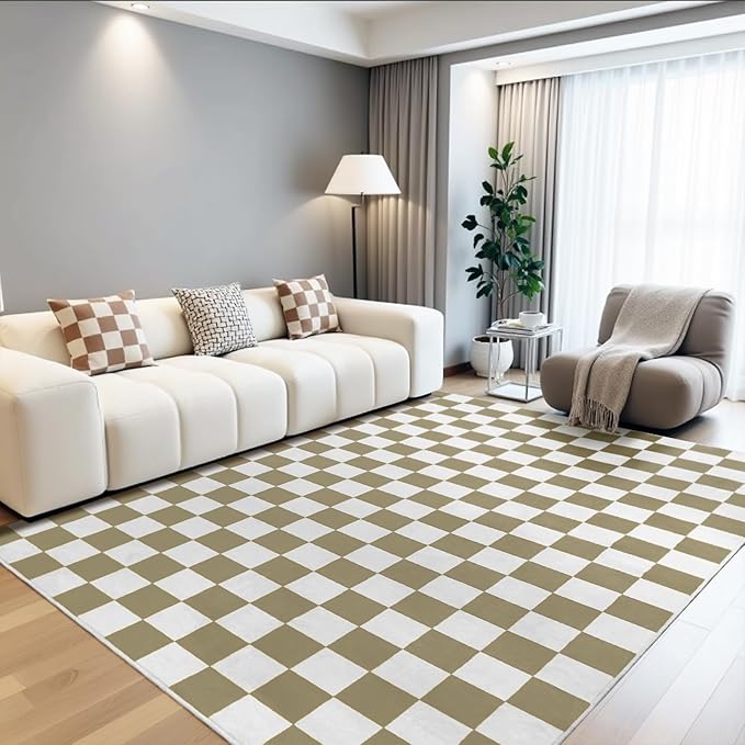 Terrug Beige and White Checkered Rug for Living Room Bedroom, 8x10 Soft Washable Area Rug with Non Slip, Low Pile Stain Resistance Carpet for Kids Room Entryway Kitchen Dorm