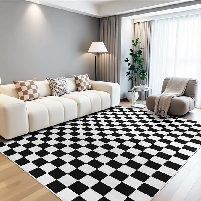 Terrug Black and White Checkered Rug for Living Room Bedroom, 8x10 Soft Washable Area Rug with Non Slip, Low Pile Stain Resistance Carpet for Kids Room Entryway Kitchen Dorm