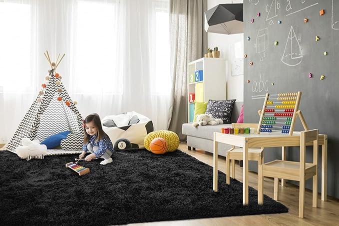 TWINNIS Super Soft Shaggy Rugs Fluffy Carpets, 5x8 Feet, Indoor Modern Plush Area Rugs for Living Room Bedroom Kids Room Nursery Home Decor, Upgrade Anti-Skid Rectangular Fuzzy Rug, Black