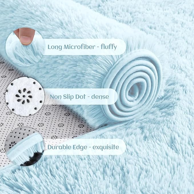 YJ.GWL Area Rugs for Living Room Bedroom, 8x10 Machine Washable Large Light Blue Carpet, Soft Fluffy Shaggy Thick Big Shag Indoor Floor Rug for Kids Boy and Girls Room Dorm Home Decor Aesthetic