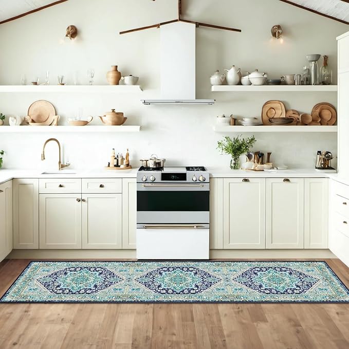 BESTSWEETIE 2x8 Area Rugs for Living Room Washable Non Slip Carpet Low Pile Soft Vintage Print Pattern Rug for Bedroom Dining Room Kitchen Entryway Indoor-Teal/Navy/Green/Yellow