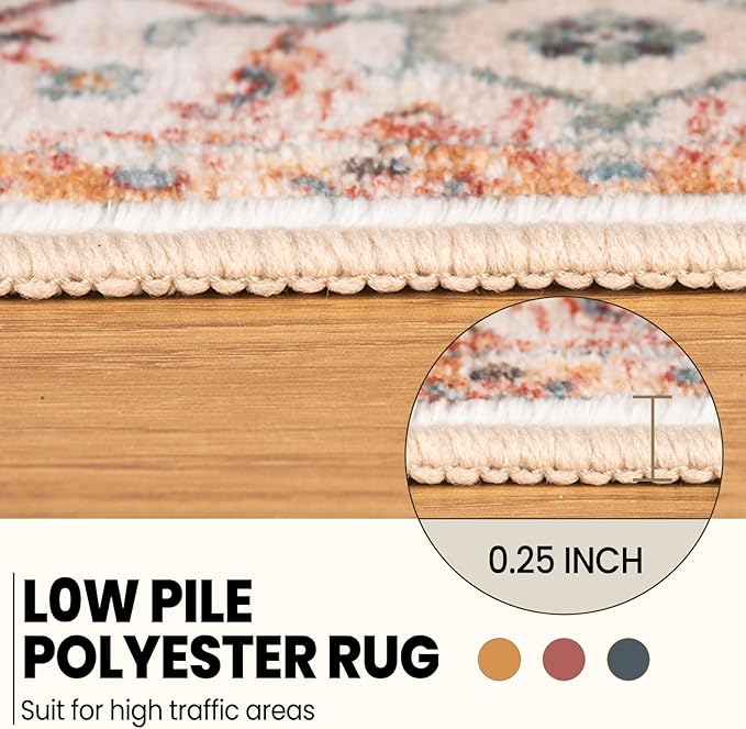 Washable 8x10 Area Rugs, Rugs for Living Room, Low-Pile Water&Stain Resistant Carpet Vintage Distressed Printed Non-Slip Carpet for Bedroom Bathroom Kitchen-Orange