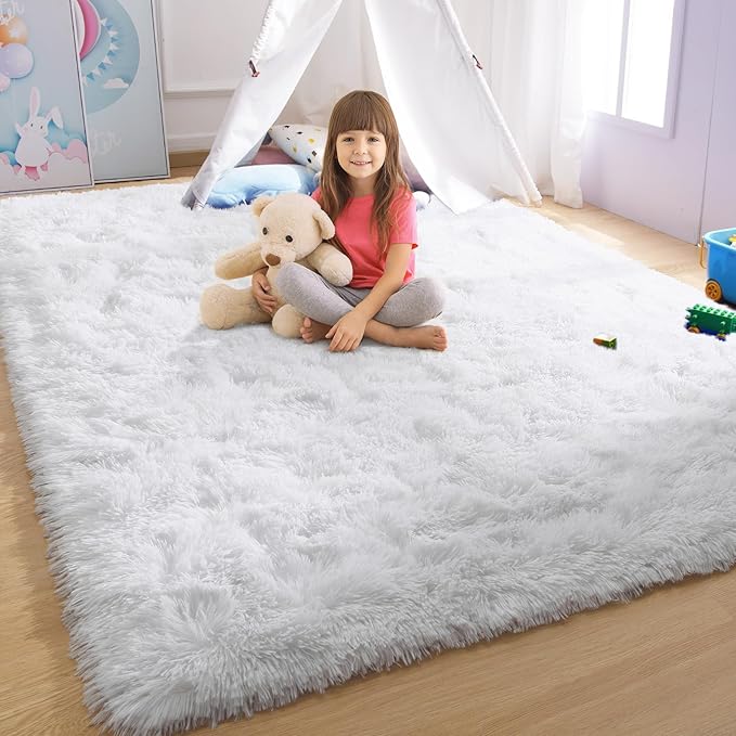 YJ.GWL Area Rugs for Living Room Bedroom, 4x6 Machine Washable Large White Carpet, Soft Fluffy Shaggy Thick Big Shag Indoor Floor Rug for Kids Boy and Girls Room Dorm Home Decor Aesthetic