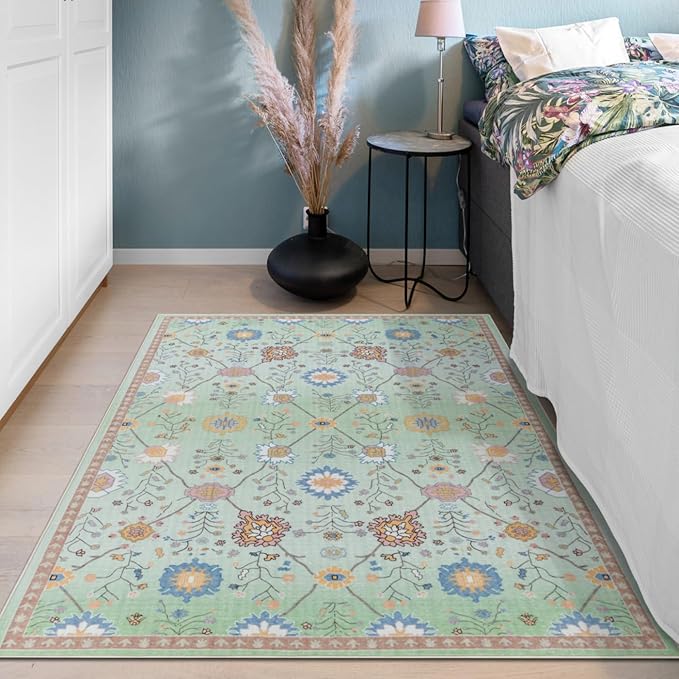 Syalife 2x3 Area Rugs, Non Slip Washable Small Rugs for Entryway, Kitchen, Bathroom, Kids Room, Low Pile Entry Throw Rug Indoor Front Door Mat (Green Floral, 2'x3')