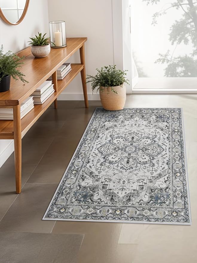 Washable Area Rug Vintage - Living Room Farmhouse Oriental Rug 3x5 Distressed Non-Slip Stain Resistant Carpet for Bedroom Dining Room Home Kitchen Office (3x5 Grey/Blue)
