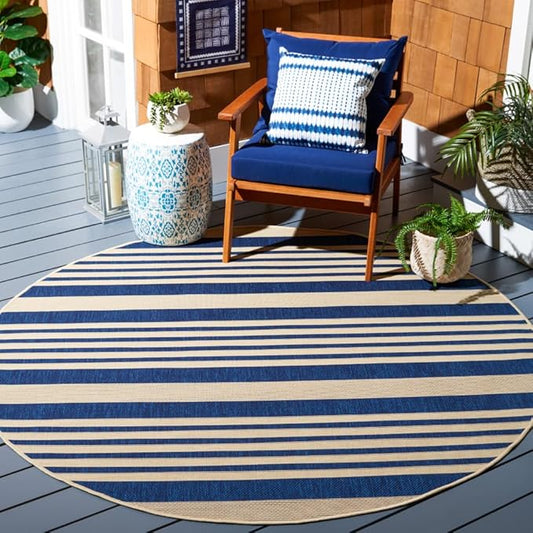 SAFAVIEH Courtyard Collection Area Rug - 7'1 Round, Navy & Beige, Non-Shedding & Easy Care, Indoor/Outdoor & Washable-Ideal for Patio, Backyard, Mudroom (CY6062-268)