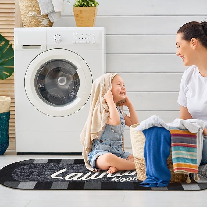 Machine Washable Checkered Border Laundry Room Rug Non-Slip Rubberback 2x5 Laundry Runner Rug for Laundry Room, Bathroom, Washroom, 20" x 59" Oval, Black