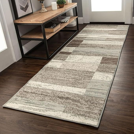 Superior Indoor Runner Rug, Jute Backed, Modern Geometric Patchwork Floor Decor for Bedroom, Office, Living Room, Entryway, Hardwood Floors, Rockwood Collection, 2' 7" x 10', Light Blue-Ivory