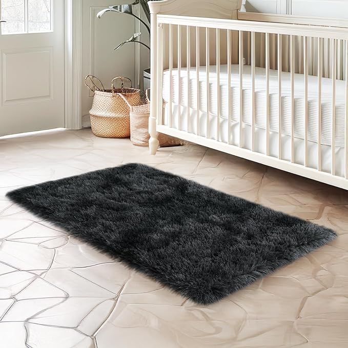 2x3 Rug for Bedroom, Fluffy Area Rugs for Living Room, Small Soft Shag Fuzzy Shaggy Carpets for Kids Boys and Girls Dorm with 4 Non-Slip Rug Tapes (2ft x 3ft, Tie-Dyed Black Grey)