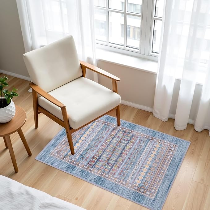 2x3 Small Rugs for Bedroom, Washable Aztec Geometric Indoor Entryway Door Rug with Non-Slip Backing, Soft Moroccan Throw Rug Western Carpet for Kitchen Home Office, Blue & Beige