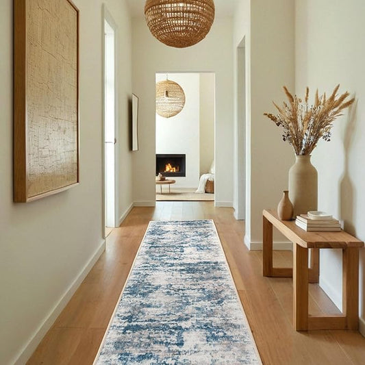 Abstract Washable Runner Rug, 2x8 Hallway Runner Rugs, No Pile, Tear and Stain Resistance, Non-Slip, Hand Woven Style Thin Kitchen Runners for High Traffic Hallway Entrance Laundry - Blue